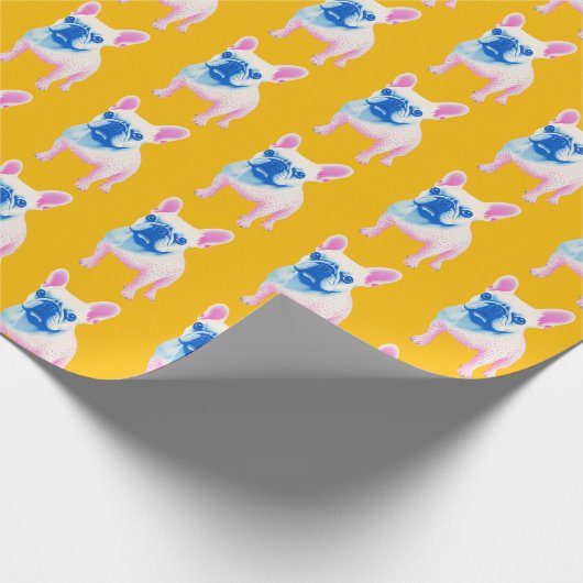 Geel Blauw en Roze Franse Bulldog Art Cadeaupapier (Hoek)