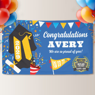 Geel Blauw Felicitaties Afstudeerschool Logo Spandoek