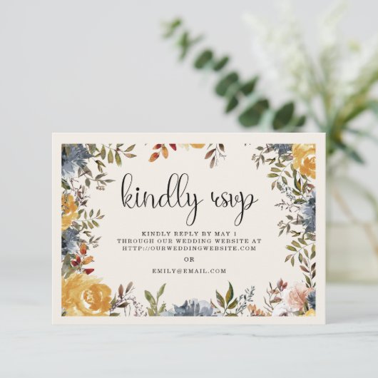 Geel blauw Floral Wedding Kindly Reply RSVP Kaartje (Staand voorkant)