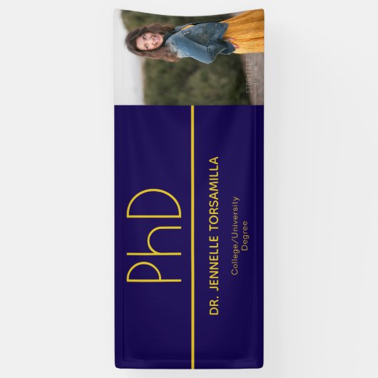 Geel Blauw Foto PhD Afstuderen Spandoek (Verticaal)