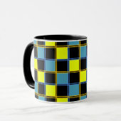 Geel blauw gecontroleerd geometrisch patroon mok (Voorkant links)