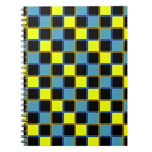 Geel blauw gecontroleerd geometrisch patroon notitieboek (Voorkant)