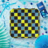 Geel blauw gecontroleerd geometrisch patroon papieren bordje (Feest)
