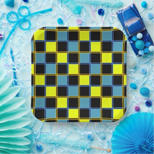 Geel blauw gecontroleerd geometrisch patroon papieren bordje (Feest)
