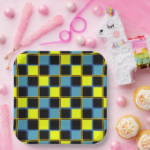 Geel blauw gecontroleerd geometrisch patroon papieren bordje (Feest)