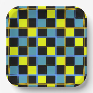 Geel blauw gecontroleerd geometrisch patroon papieren bordje