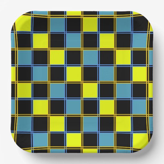 Geel blauw gecontroleerd geometrisch patroon papieren bordje (Voorkant)