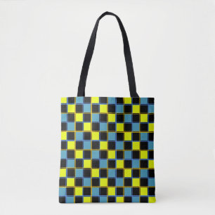 Geel blauw gecontroleerd geometrisch patroon tote bag