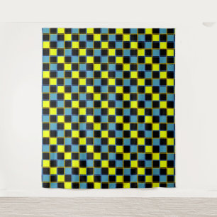 Geel blauw gecontroleerd geometrisch patroon wandkleed