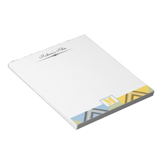 Geel blauw geplakt Tartan Aangepast script monogra Notitieblok (Schuin)