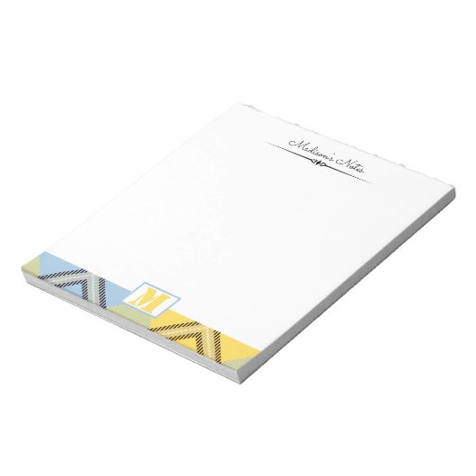 Geel blauw geplakt Tartan Aangepast script monogra Notitieblok (Linkerzijde)