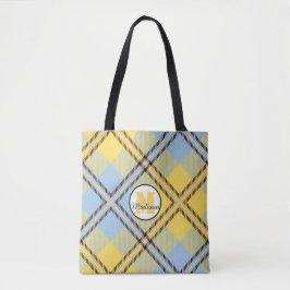 Geel blauw geplakt Tartan Monogram Weddenschap Tote Bag