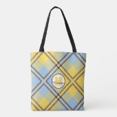 Geel blauw geplakt Tartan Monogram Weddenschap Tote Bag (Achterkant)