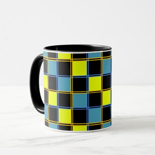 Geel blauw geruit geometrisch patroon mok (Voorkant links)