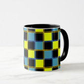 Geel blauw geruit geometrisch patroon mok (Voorkant rechts)
