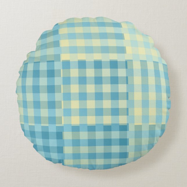 Geel Blauw Geruit Patchwork Patroon Rond Kussen (Voorkant)