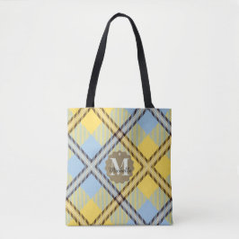 Geel Blauw Geruit Schotland Leer Monogram Naam Tote Bag
