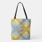 Geel Blauw Geruit Schotland Leer Monogram Naam Tote Bag (Achterkant)