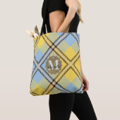 Geel Blauw Geruit Schotland Leer Monogram Naam Tote Bag (Dichtbij)
