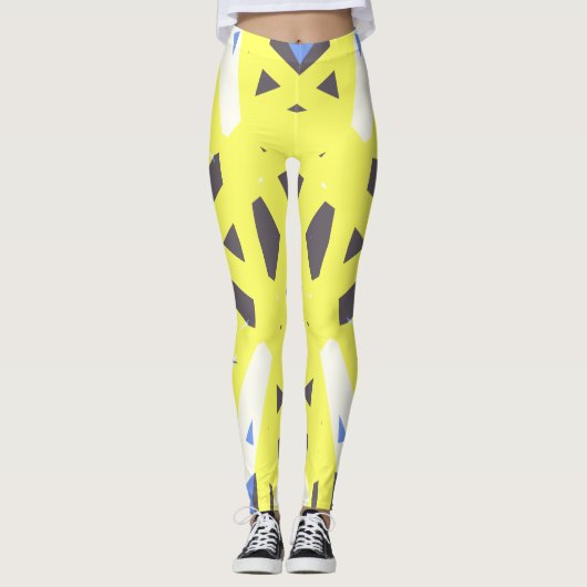 Geel Blauw Grijs Wit Geometrische Gym Oefening Leggings (Voorkant)