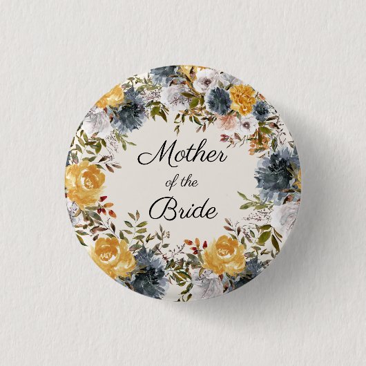 Geel blauw Handbeschilderd Floral Moeder Bride Ronde Button 3,2 Cm (Voorkant)