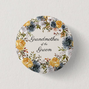 Geel Blauw Handgeschilderd Bloemmotief Grootmoeder Ronde Button 3,2 Cm