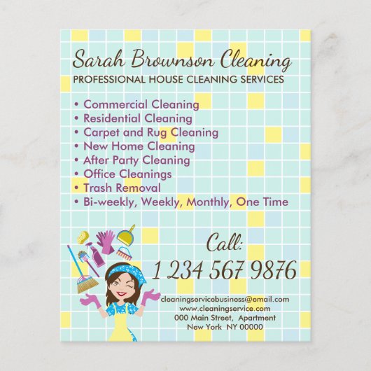 Geel blauw huis Reiniging Janitorial Glove Schort Flyer (Voorkant)