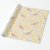 Geel blauw karmel Spring Floral en kraanpatroon Cadeaupapier (Uitgerold)