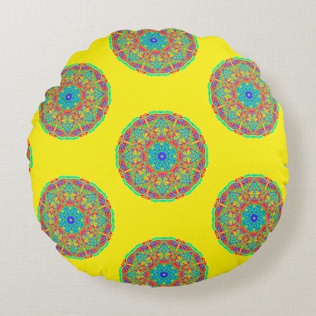 Geel Blauw Mandala Boho Omkeerbaar Rond Kussen (Voorkant)