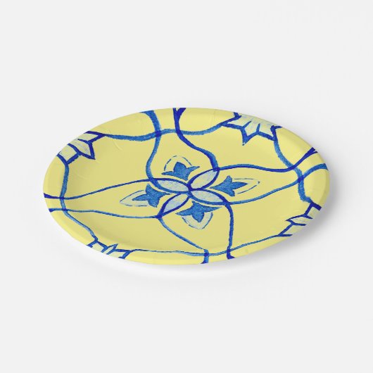 Geel & Blauw Mediterraans Ronde Papieren Bordje (Gekanteld)