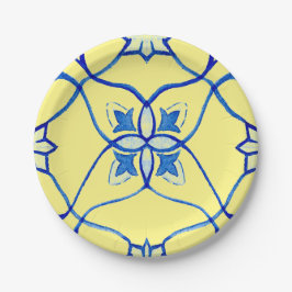 Geel & Blauw Mediterrane Ronde Papieren Bordje