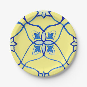 Geel & Blauw Mediterrane Ronde Papieren Bordje