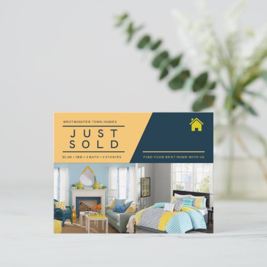 Geel blauw Net verkocht onroerend goed advertentie Briefkaart (Staand voorkant)