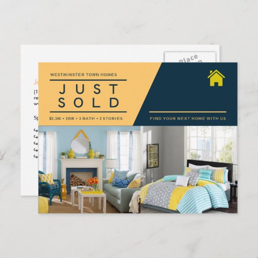 Geel blauw Net verkocht onroerend goed advertentie Briefkaart (Voorkant / Achterkant)