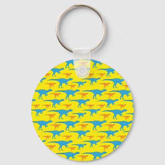 Geel Blauw Oranje Dinosaur Design Patroongeschenke Sleutelhanger (Voorkant)