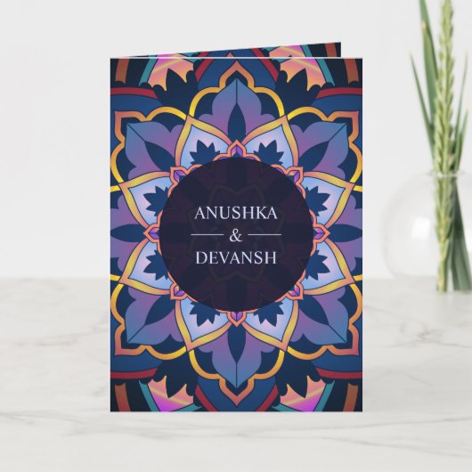 Geel Blauw Paarse Etnische Mandala Indiase bruilof (Voorkant)