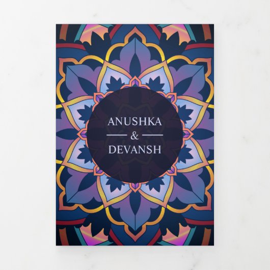 Geel Blauw Paarse Mandala Indiase trouwfoto Drieluik Uitnodiging (Cover)