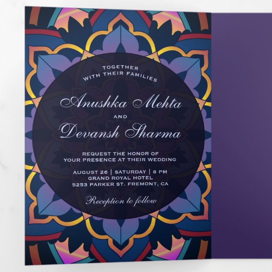 Geel Blauw Paarse Mandala Indiase trouwfoto Drieluik Uitnodiging (Binnenzijde eerst)