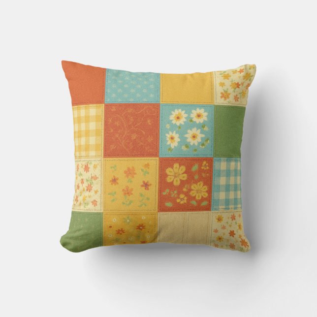 Geel Blauw Patchwork Dekbed Rustieke Boerderijstij Kussen (Voorkant)