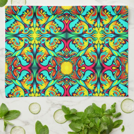 Geel Blauw Patroon Keuken Handdoek (Gevouwen)