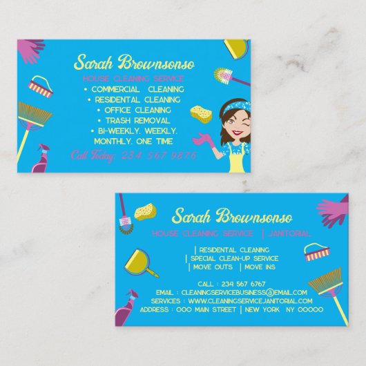 Geel Blauw Roze Huishoudster schoonmaken Janitoria Visitekaartje (Voorkant / Achterkant)