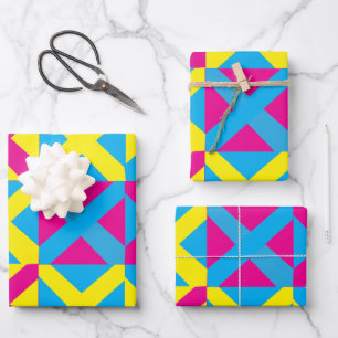 Geel Blauw Roze Vierkant Geometrisch Patroon Inpakpapier Vel