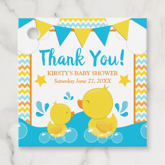 Geel & Blauw Rubber Eendje Stippen Baby Borrel Bedankjes Labels (Voorkant)