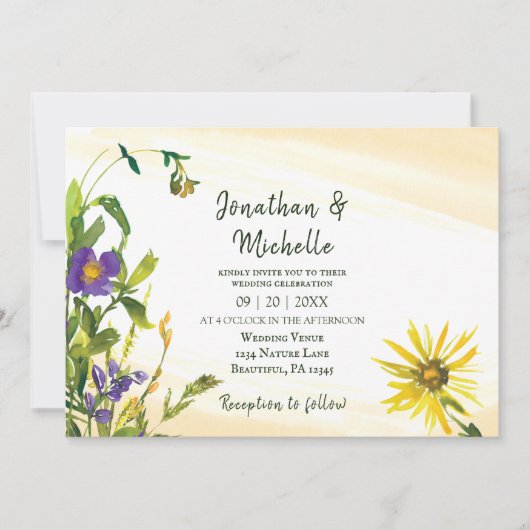 Geel blauw Rustic Wildbloemen Christelijk Weddensc Kaart (Voorkant)