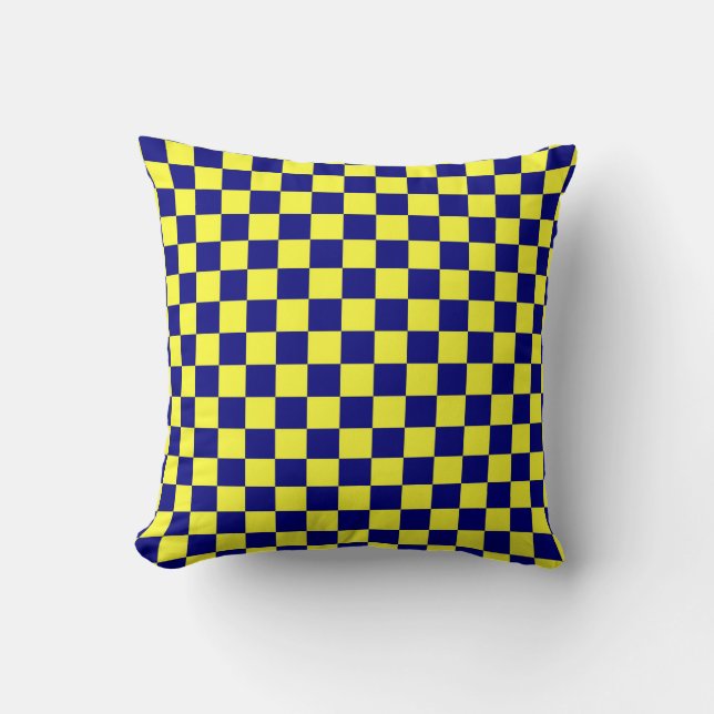 Geel & Blauw Schaakbord Patroon Worp Kussen (Voorkant)
