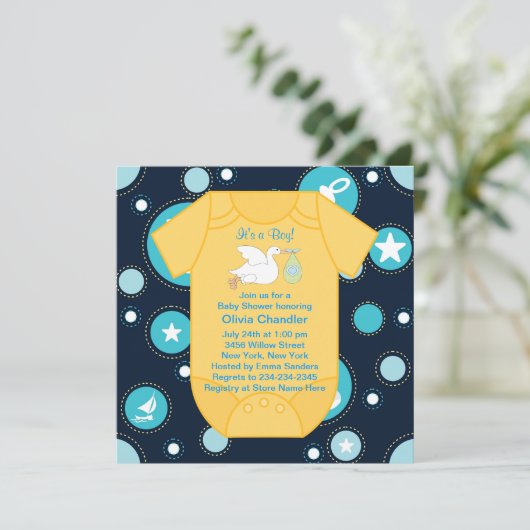 Geel Blauw Stork Baby Boy Shower Kaart (Staand voorkant)