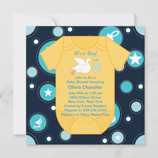 Geel Blauw Stork Baby Boy Shower Kaart (Voorkant)