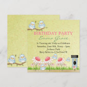 Geel/Blauw Vogel Verjaardag Uitnodiging (Voorkant / Achterkant)