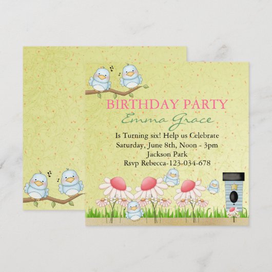 Geel/Blauw Vogel Verjaardag Uitnodiging (Voorkant / Achterkant)