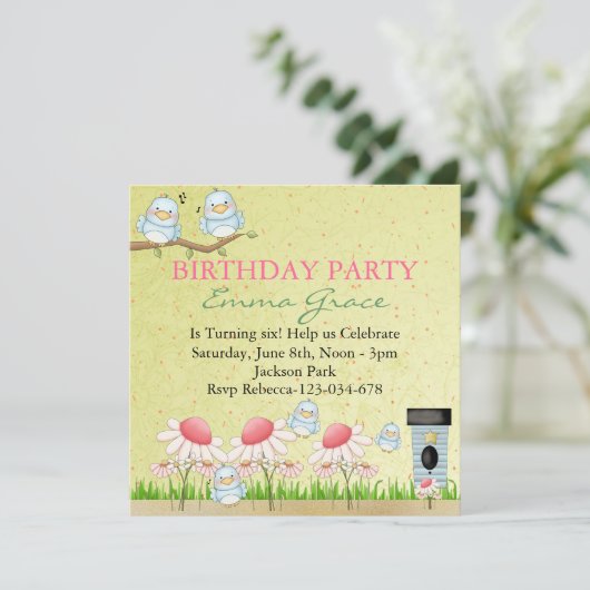 Geel/Blauw Vogel Verjaardag Uitnodiging (Staand voorkant)
